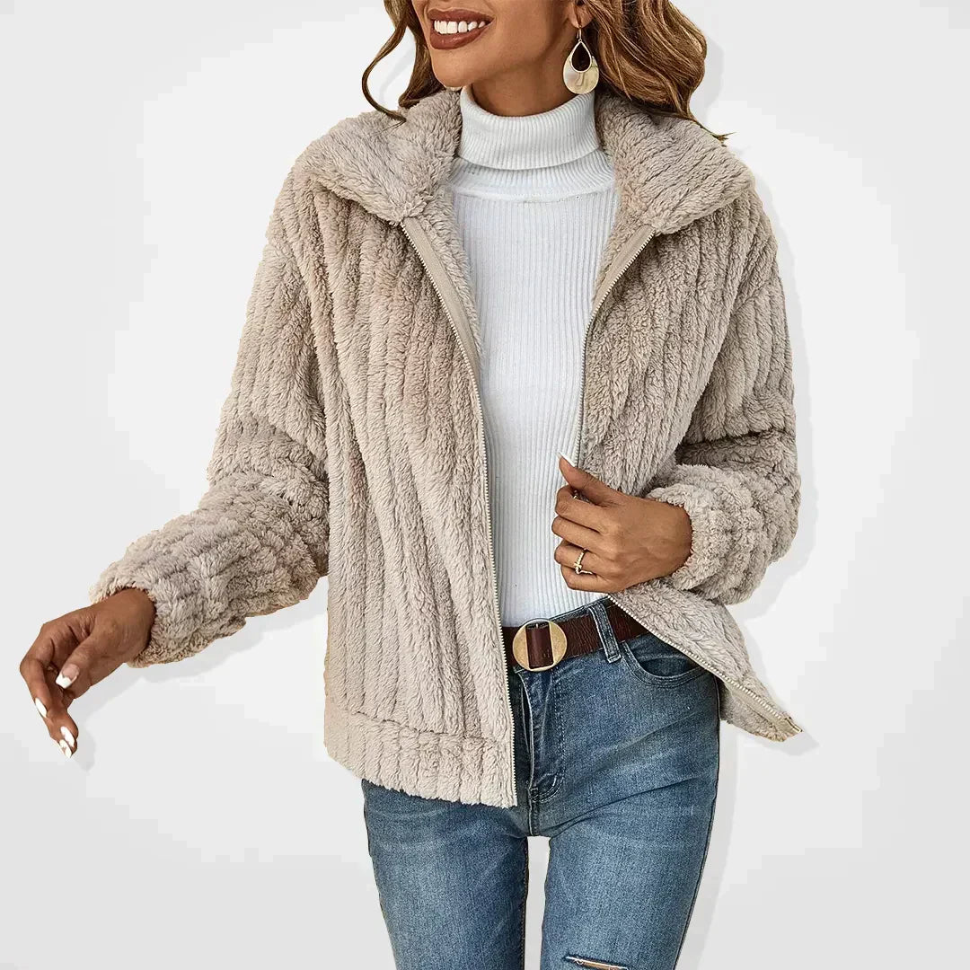 Dames Relaxte Pasvorm Plush Rits Jas | Hoge Kraag Geribde Textuur