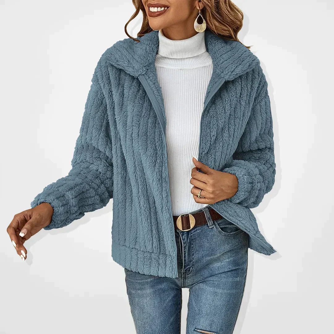 Dames Relaxte Pasvorm Plush Rits Jas | Hoge Kraag Geribde Textuur