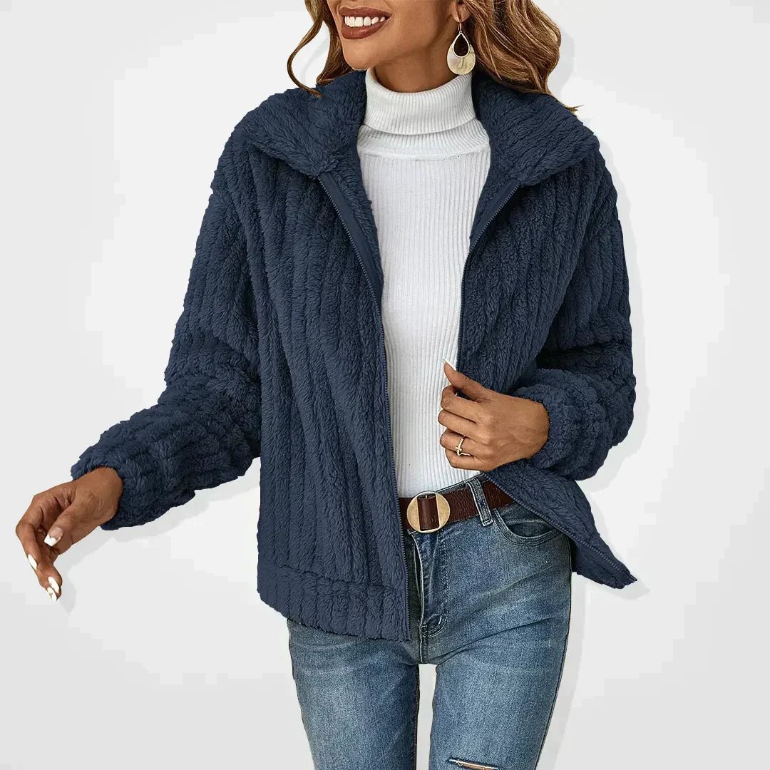 Dames Relaxte Pasvorm Plush Rits Jas | Hoge Kraag Geribde Textuur