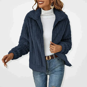 Dames Relaxte Pasvorm Plush Rits Jas | Hoge Kraag Geribde Textuur