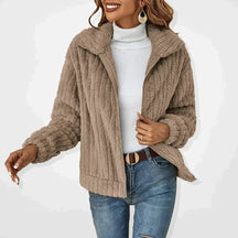 Dames Relaxte Pasvorm Plush Rits Jas | Hoge Kraag Geribde Textuur