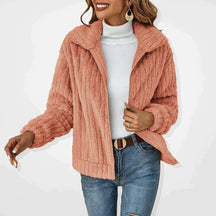Dames Relaxte Pasvorm Plush Rits Jas | Hoge Kraag Geribde Textuur
