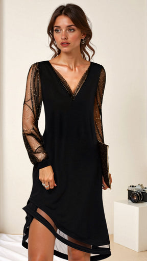 Celina - Elegante Cocktailjurk met Mesh Mouwen en Glanzend Detail