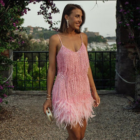 Serena - Glamoureuze Fringe Cocktailjurk met Veren