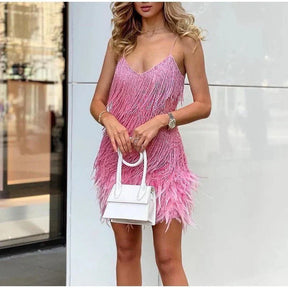 Serena - Glamoureuze Fringe Cocktailjurk met Veren