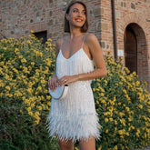 Serena - Glamoureuze Fringe Cocktailjurk met Veren
