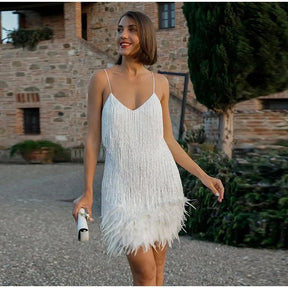 Serena - Glamoureuze Fringe Cocktailjurk met Veren