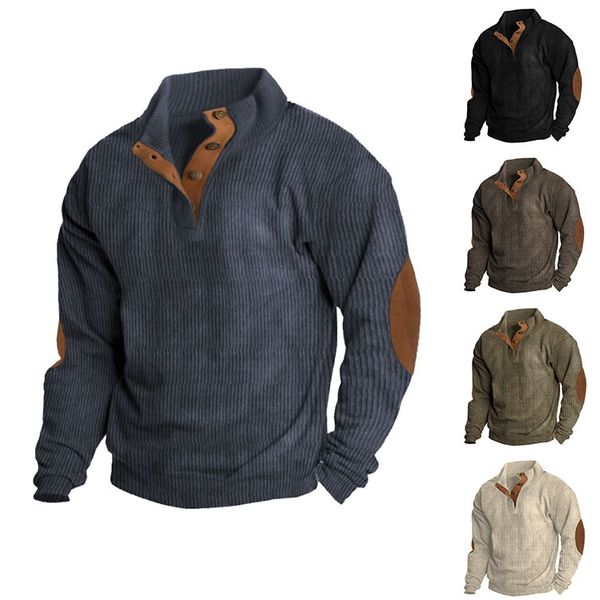 Heren Klassieke Gebreide Trui met Knopen en Elleboogstukken | Lange Mouwen Pullover