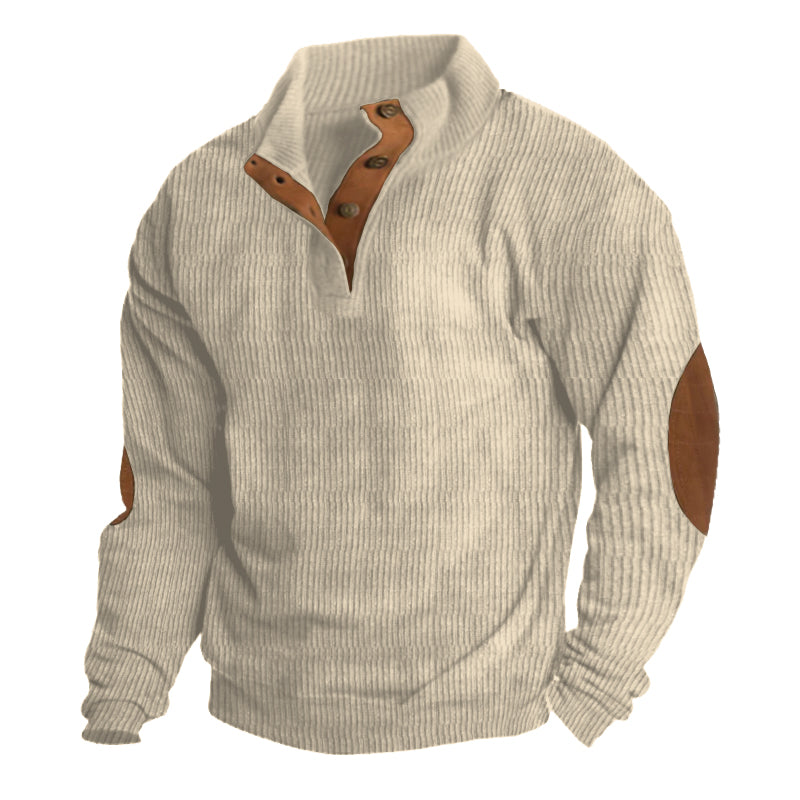 Heren Klassieke Gebreide Trui met Knopen en Elleboogstukken | Lange Mouwen Pullover