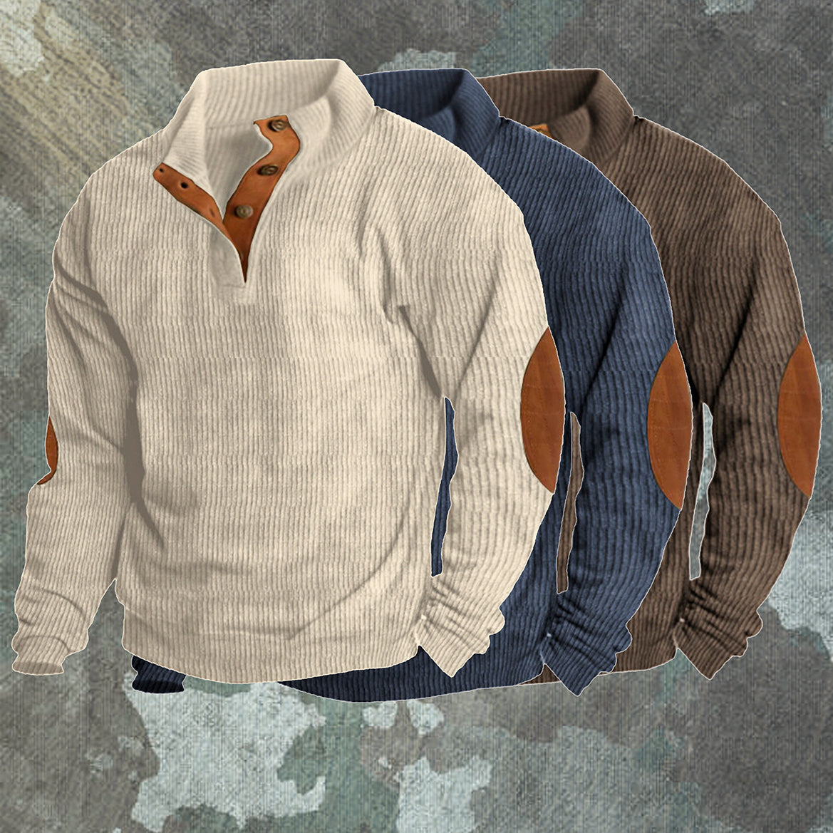 Heren Klassieke Gebreide Trui met Knopen en Elleboogstukken | Lange Mouwen Pullover