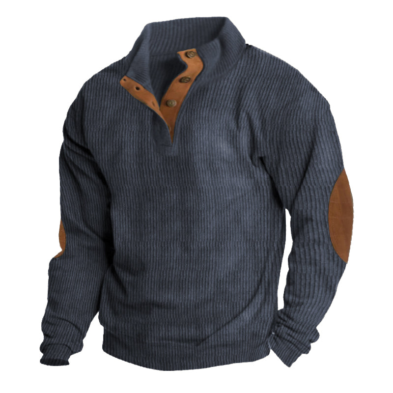 Heren Klassieke Gebreide Trui met Knopen en Elleboogstukken | Lange Mouwen Pullover