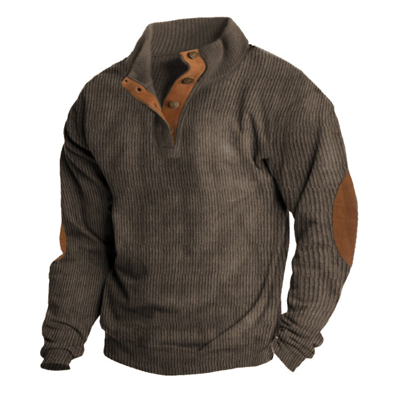 Heren Klassieke Gebreide Trui met Knopen en Elleboogstukken | Lange Mouwen Pullover