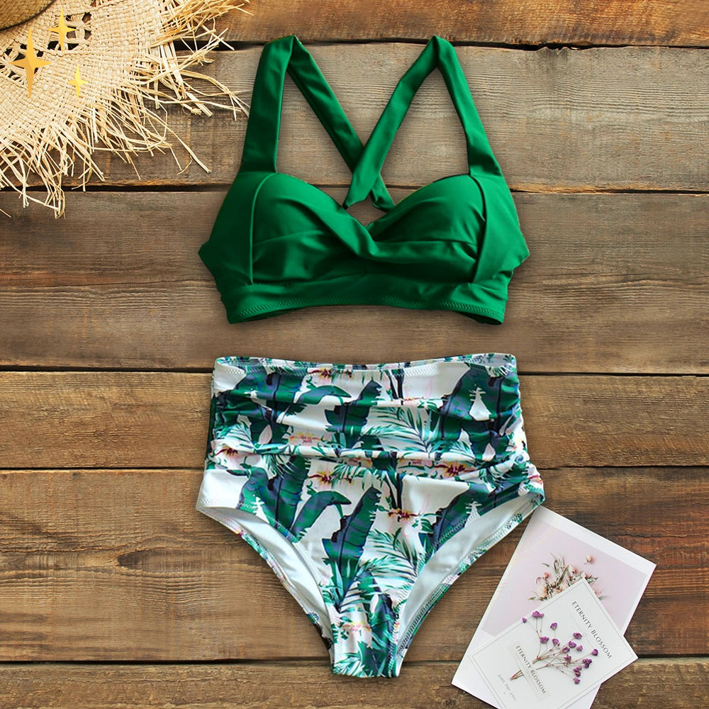 Camille - Vintage Hoog Taille Bikini met Halter Top en Bloemenprint